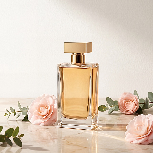 长方形透明玻璃香水瓶，金色方形瓶盖，瓶身内装有琥珀色香水液体，保持物理结构绝对不变，瓶身通透严禁扭曲变形。
轻奢优雅暖调室内场景，暖棕米色调，搭配浅粉色山茶花和尤加利绿叶做点缀。
侧逆光从右侧打入。【产品受光面泛起暖香槟色，暗部及边缘映射浅棕灰色的环境光晕。绝对禁止纯白高光，彻底物理融合】。
居中特写构图，主体产品平稳放置在浅色大理石平面，占有画面核心位置。焦散光斑在桌面流动，充满自然生机。
微调微侧视角，浅粉色花朵替换原图玫瑰，背景重构为干净米白色肌理墙面，大幅改变光影纹理布局，消除所有品牌文字和Logo。
严格锁定宽高比为1:1。4K分辨率，商业高端美妆摄影，极高材质细节，极致干净通透，国内电商种草氛围感。