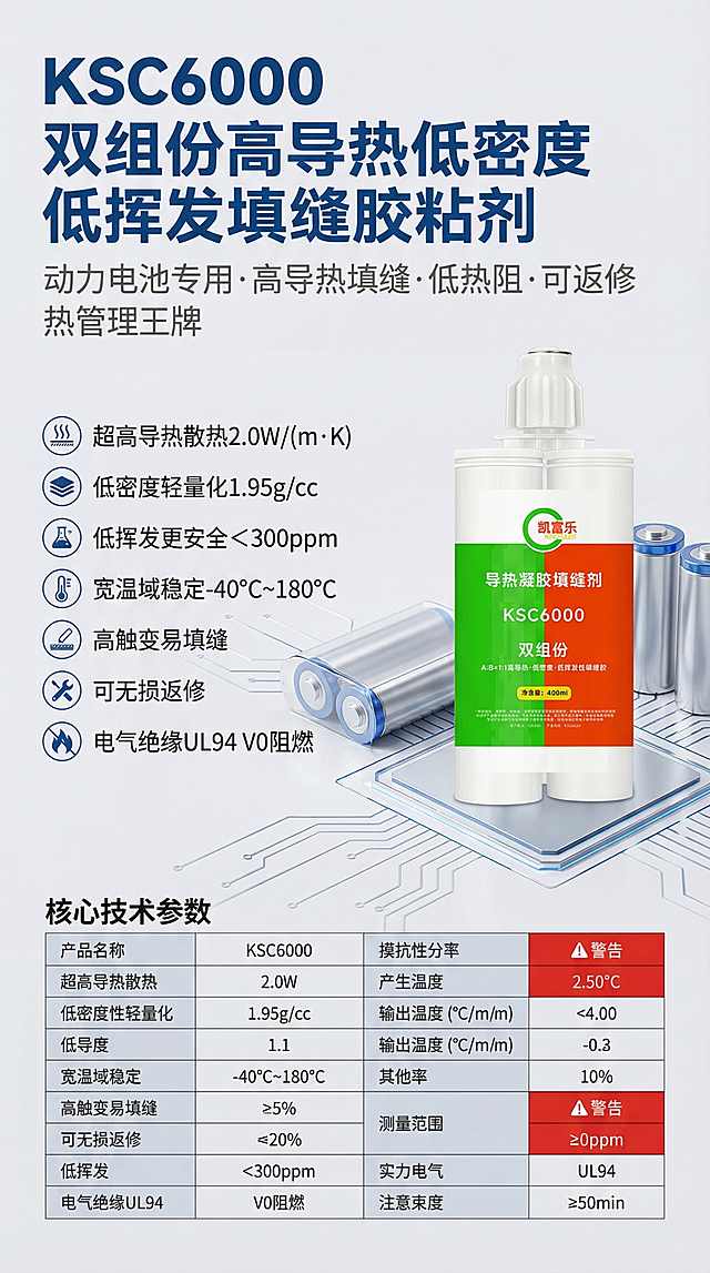 保留提供的KSC6000双组份高导热低密度低挥发填缝胶粘剂产品实拍图不修改，围绕该产品设计高端工业科技极简风海报，面向动力电池新能源工业客户，专业严谨沉稳大气，科技质感与工业力量感。主色深空工业蓝#0F3460、哑光高级灰#333333，辅助色科技银#E6E6E6、警示红#E94560仅用于重点标注，背景浅灰渐变留白充足。主标题加粗无衬线字体："KSC6000 双组份高导热低密度低挥发填缝胶粘剂"，副标题中等字重："动力电池专用·高导热填缝·低热阻·可返修 热管理王牌"。核心卖点以图标+短句呈现：超高导热散热2.0W/(m·K)；低密度轻量化1.95g/cc；低挥发更安全＜300ppm；宽温域稳定-40℃~180℃；高触变易填缝；可无损返修；电气绝缘UL94 V0阻燃。核心技术参数规整表格展示，产品图放在右侧，左侧为文案信息，图文比例1:1，搭配动力电池电芯应用场景元素，装饰仅用简约几何线条，重点数据卡片突出，留白率≥30%，整体无冗余花哨设计，保持原有产品图片不变。