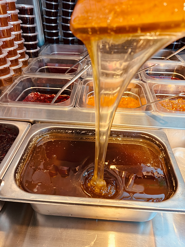 按照小红书爆款美食图片风格精修，保留原画面拉丝蜂蜜的主体内容，优化光影和色彩饱和度，突出蜂蜜的晶莹剔透和粘稠质感，色调温暖诱人，符合3:4竖版构图要求，适合小红书发布
