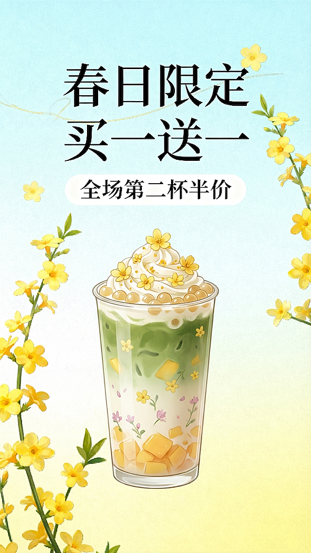 在海报中间添加一杯春日奶茶，保留原有春日奶茶店促销主题、清新治愈浅蓝黄色配色、迎春花元素、主标题"春日限定买一送一"、副标题"全场第二杯半价"和简约排版