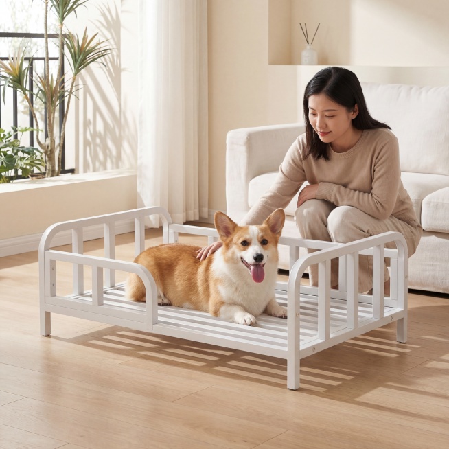 纯白色金属铁艺狗床框架，保持产品主体物理结构绝对不变，去掉底部四个黑色轮子，保持底部支撑脚平整，床上不放置任何床垫，保留原有镂空钢架结构，严禁扭曲变形结构穿模。微俯视构图，主体平稳放置在北欧风格客厅实预览效果