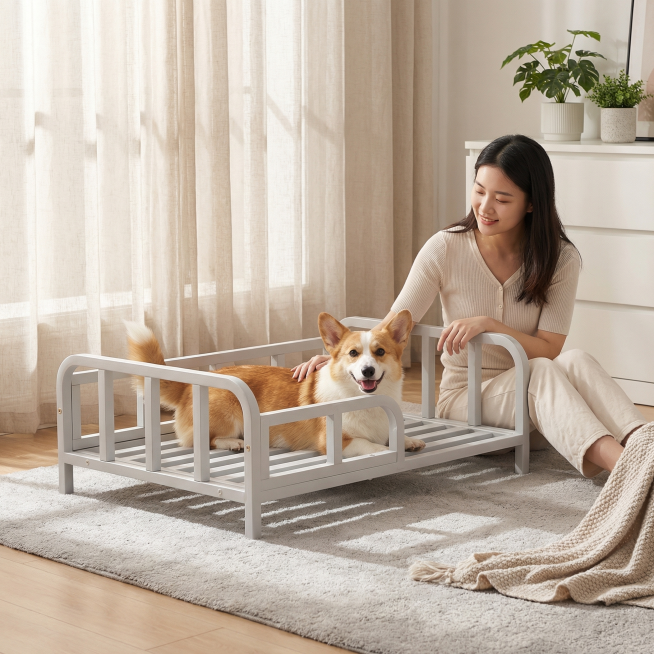 浅灰色金属铁艺狗床框架，保持产品主体物理结构绝对不变，去掉底部四个黑色轮子，保持底部支撑脚平整，严禁扭曲变形结构穿模。平视中景，主体放在卧室浅灰色毛绒地毯上，清晰接触阴影。室内小清新奶油风，背景是浅色预览效果