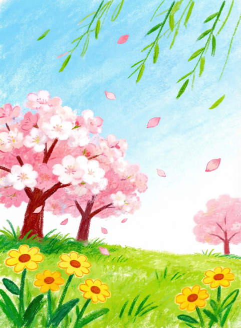 参考图片风格，蜡笔手绘涂鸦风春日海报，保留粉白樱花树、黄色小雏菊、翠绿草丛、蓝色渐变天空、飘落樱花花瓣和绿柳叶的元素，保持粗蜡笔手绘质感，笔触厚重，色彩饱和度高，线条稚拙可爱，带有明显蜡笔肌理，预留上预览效果