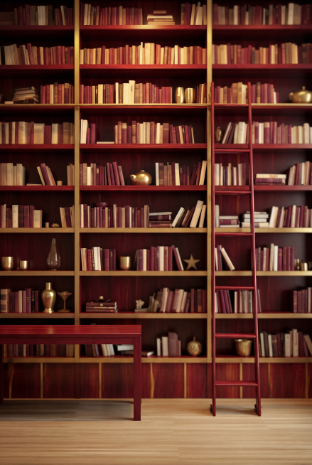 将这张书架背景图的色彩主题改为红金色，主色调为深红色和金色，对书架进行轻微虚化处理，保留书架整体结构，营造高端大气的教育直播背景氛围预览效果