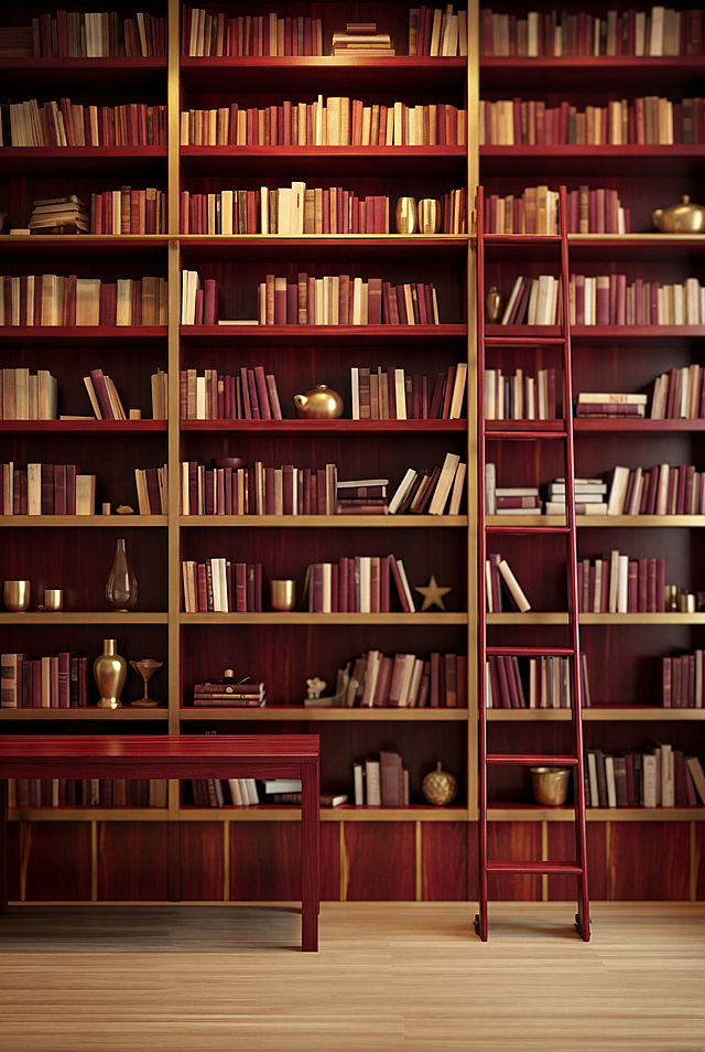 将这张书架背景图的色彩主题改为红金色，主色调为深红色和金色，对书架进行轻微虚化处理，保留书架整体结构，营造高端大气的教育直播背景氛围