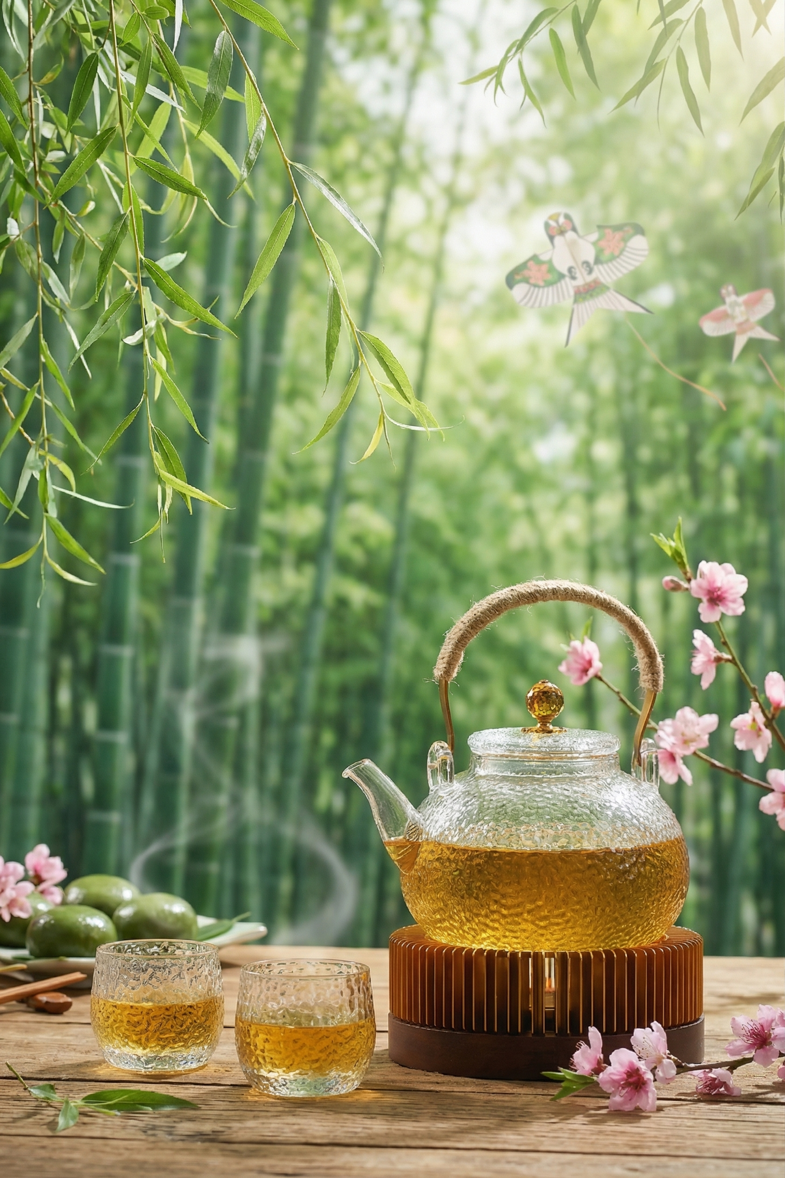 在这张玻璃茶壶和茶杯的图片中重新生成清明节的节气氛围，保留原有… - 图片创意预览