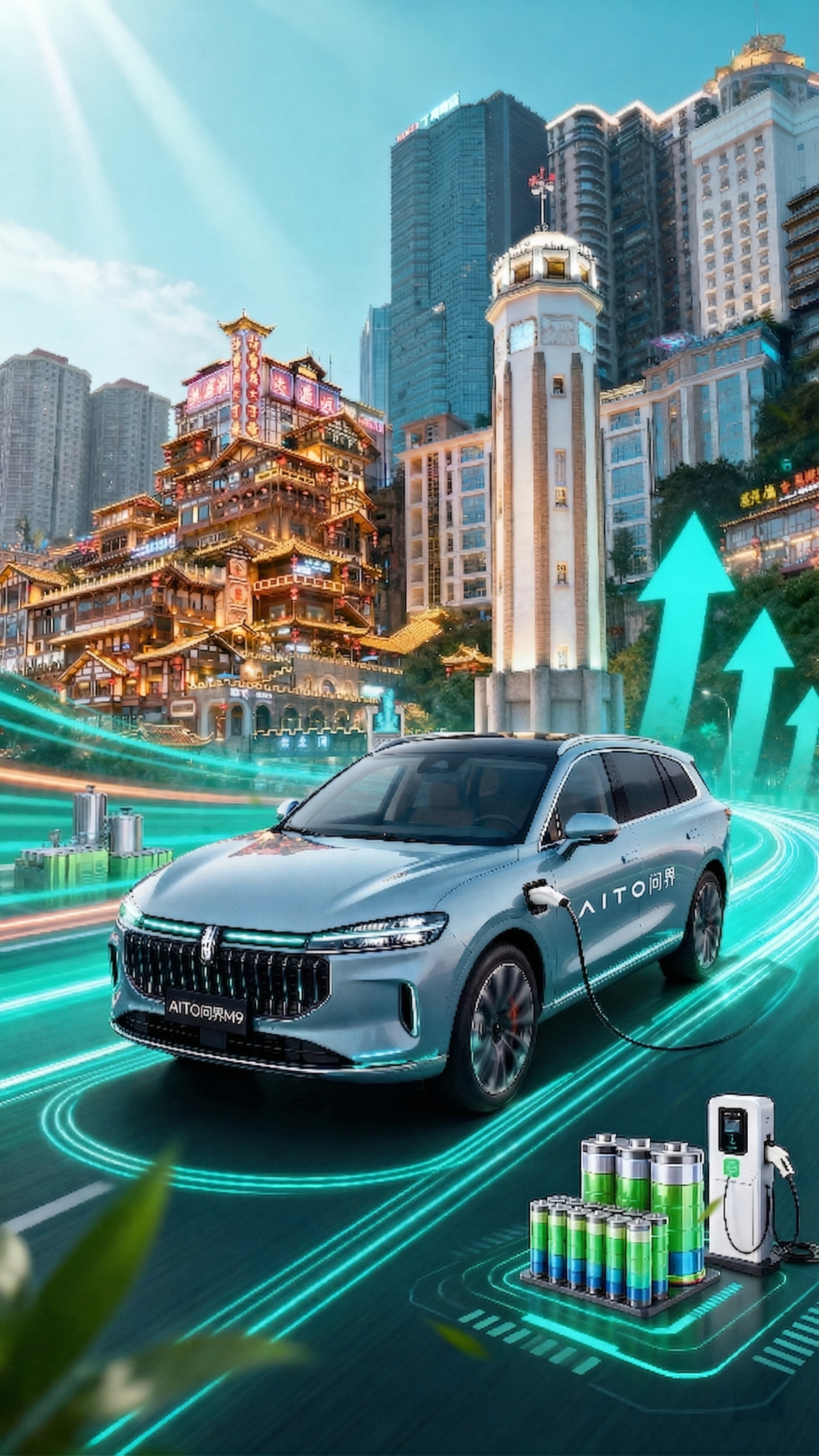 将海报中的车辆整体替换为问界M9车型，保留原有整体构图、背景和… - 图片创意预览