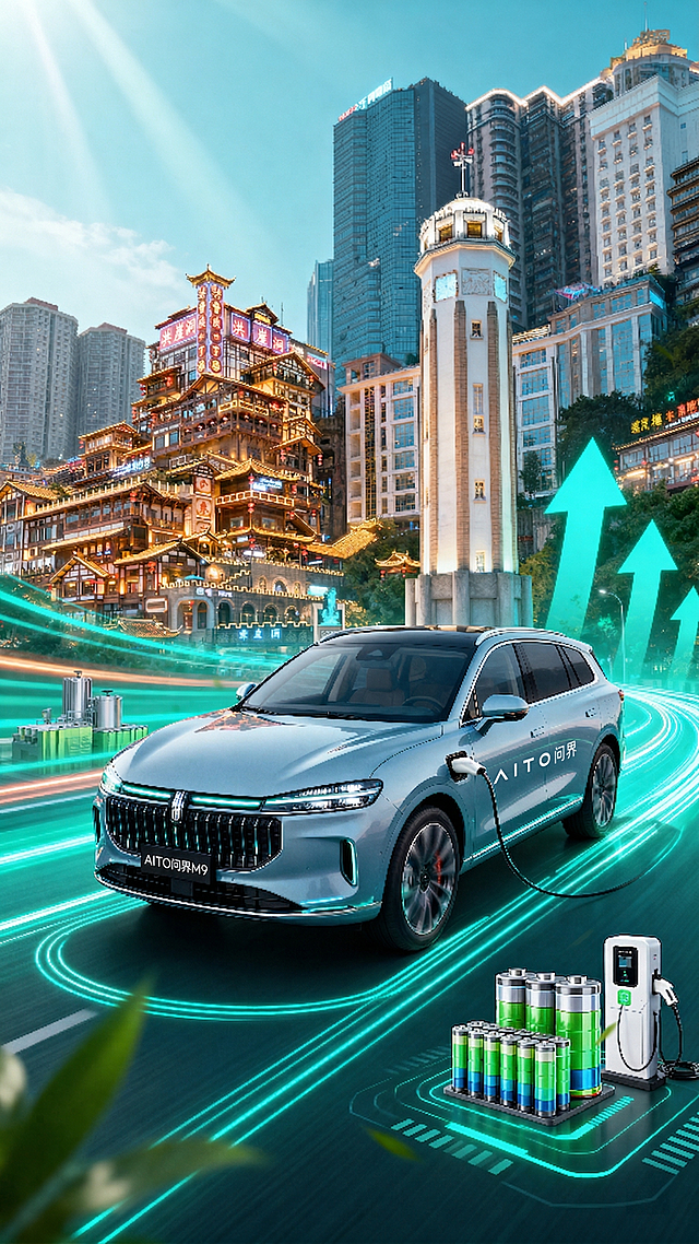 将海报中车辆的车牌修改为AITO问界M9，并在车身上添加问界品牌logo，保留整体构图、背景和风格不变