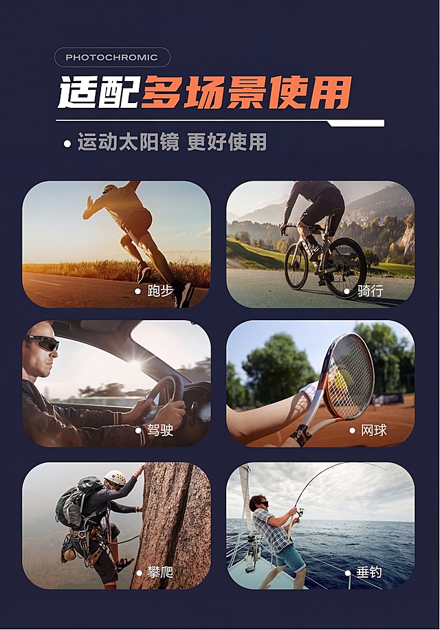 参考原图生成天猫PC端变色款多场景展示图，保留原图深色背景、所有文案和场景布局“适配多场景使用 运动太阳镜更好使用 跑步 骑行 驾驶 网球 攀爬 垂钓”，保持每个场景内容不变，高清电商设计