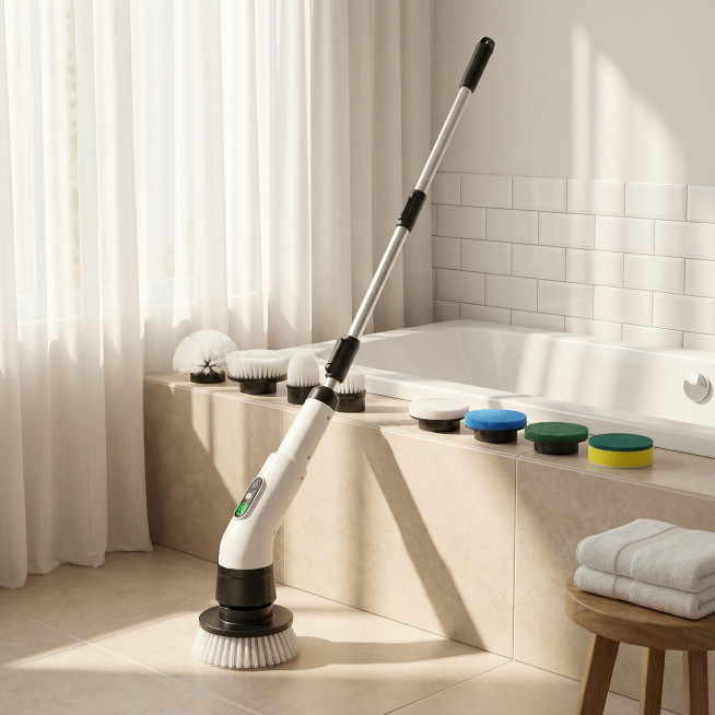 白色电动旋转清洁刷优雅倚靠在干净浴室角落，配有现代浴缸、柔软白色窗帘、米色瓷砖地面，整齐折叠毛巾，保持产品外观和物理结构绝对不变，严禁扭曲变形。
细腻阳光洒落，干净舒适美式家居氛围，高端极简产品陈列，预览效果