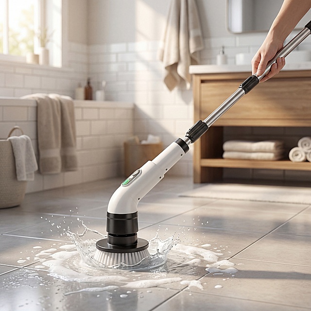 白色电动旋转清洁刷带延长杆，保持产品外观和物理结构绝对不变，严禁扭曲变形。
真实人手握持正在明亮家庭浴室中清洁浅灰色地砖，带有真实水渍和泡沫，低角度生活风拍摄
柔和温暖阳光，整洁现代美式家居室内，舒适实用氛围，展现轻松日常清洁
真实家居生活方式产品摄影，舒适美式家居，温暖自然光线，柔和阴影，高端电商风格，环境干净整洁，高度细节化，真实质感，浅景深，无文字，无Logo，无水印，正方形构图
严格遵守物理空间关系，各组件之间严禁结构穿模、错误交叉或互相遮挡形变，保持刚体独立性，严格锁定宽高比为1:1