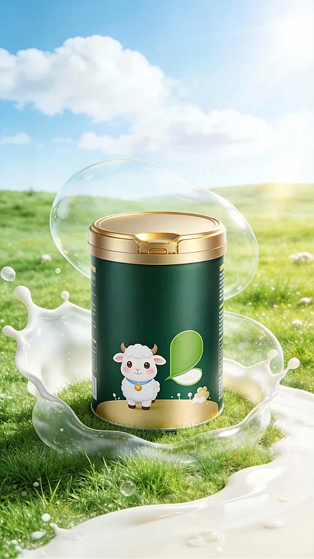 去掉图片上所有的文字，保留原有的羊奶粉罐子、草地、奶液和蓝天白云场景，风格和画质保持不变