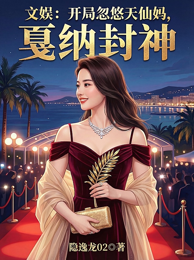 都市小说封面，书名：“文娱：开局忽悠天仙妈，戛纳封神” 笔名：“隐逸龙02 著”，整体构图采用红毯颁奖礼场景作为主视觉，深蓝色夜空背景点缀星光，营造国际电影节高端氛围。中心位置是一位身着酒红色露肩丝绒长裙的优雅女性，对应刘亦菲/刘晓丽形象，手持金色橄榄枝造型的金棕榈奖杯，佩戴钻石项链与金色手拿包，华贵大气。背景虚化呈现戛纳海滨夜景，包含棕榈树、红毯、人群闪光灯、远处灯火通明的建筑。文字排版：顶部“文娱：开局忽悠天仙妈，”为浅金色书法体，稍小字号；中部核心“戛纳封神”为烫金浮雕大字，占画面1/3高度，最具冲击力；底部“隐逸龙02 著”为简洁白色楷体，加上作者标识。主色为深海蓝（夜空）+ 酒红（礼服）+ 烫金（标题与奖杯），点缀钻石银白、红毯暗红、远处城市暖黄灯光，整体呈现文娱爽文的华丽视觉与封神气势，参考图片中人物形象，调整文字排版和构图符合小说封面要求。