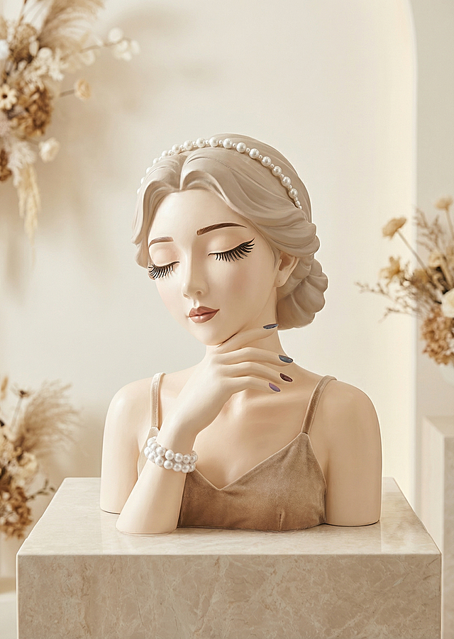 保持美容女孩雕塑的面部造型和手部彩绘细节不变，更换衣服为简约丝绒吊带，调整姿势为自然托腮，更换发型为低盘发、更换头饰为珍珠发带。放置在轻奢美容院大厅浅米大理石展示台，浅奶油色墙面背景，拉开景深。全屋漫射柔光，低对比度淡阴影，画面明亮干净，莫兰迪暖色调。居中平视构图，角落点缀干花装饰。4K超清商业摄影，国内电商种草风格。严格锁定宽高比为 5:7。西方面孔,金发,深眼窝,雀斑,杂乱房间,死黑阴影,硬光,乡村风,高对比度,欧美妆容,变形,扭曲,悬空,比例失调