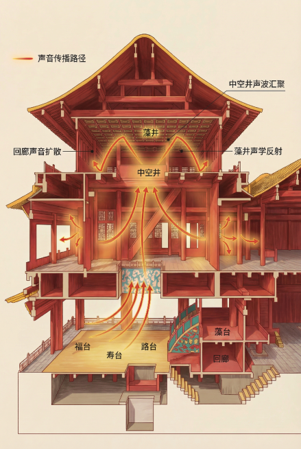 优化这张故宫畅音阁大戏楼建筑声学示意图，强化信息可视化效果，让传播路径更清晰突出，标注更规范，画面更精致，保持原图结构和风格预览效果