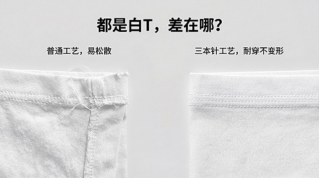 对比图，左边展示普通工艺袖口松散脱线的白T恤袖口细节，右边展示三本针加固工艺的白T恤袖口细节，保持产品细节和物理结构不变，突出右边三本紧密清晰的车线纹路。
整体采用极简棚拍风格，浅灰色纯色背景，拉开景深。
柔和漫射柔光，明亮补光，凸显布料和车线的质感，对比强烈明显。
居中对称构图，平视视角，左边差右边好形成鲜明对比。
顶部添加大标题 "都是白T，差在哪？"，标题下方添加副标题，左侧标注文字 "普通工艺，易松散"，右侧标注文字 "三本针工艺，耐穿不变形"。
商业高端细节摄影，4K分辨率，极高材质细节，保持原图比例。