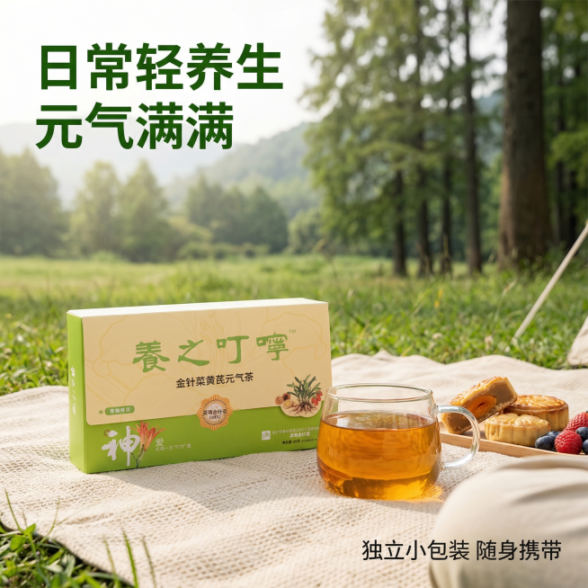 [主图 4] 金针菜黄芪元气茶户外松弛场景体验
[氛围/风格] 户外营地松弛氛围感，自然清新治愈风格
[画面元素] 产品包装盒放置在露营野餐垫上，旁边摆放着泡好的茶汤和切开的点心，背景是开阔的浅绿草地预览效果