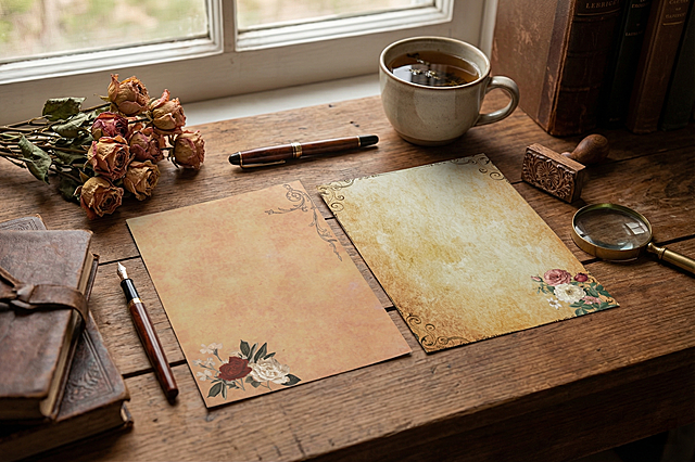 临窗的复古木质书桌，自然光洒入，把上传的两张复古花纹信纸平铺在桌面上；周围摆放钢笔，复古书本，几束复古玫瑰花、泡有茶叶的陶瓷马克杯、木质印章与金属放大镜。写实治愈系生活摄影风格，轻微浅景深，主色调为暖棕褐色桌面，森系植物色彩，细节丰富，传递自然手作的专注与治愈感，画面高清4k