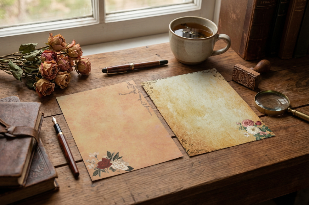 临窗的复古木质书桌，自然光洒入，把上传的两张复古花纹信纸平铺在桌面上；周围摆放钢笔，复古书本，几束复古玫瑰花、泡有茶叶的陶瓷马克杯、木质印章与金属放大镜。写实治愈系生活摄影风格，轻微浅景深，主色调为暖预览效果