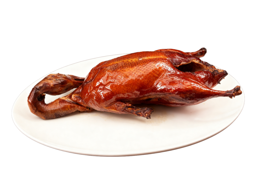 保留原背景，保留原图木质桌面和白色盘子
商业棚拍光, 轮廓光, 体积光, 柔和接触阴影, 曝光绝对正确, 强烈的物理真实立体感, 居中构图, 商品主体占比严格控制在 60%-80% 之间
整只烤脆皮鸭预览效果