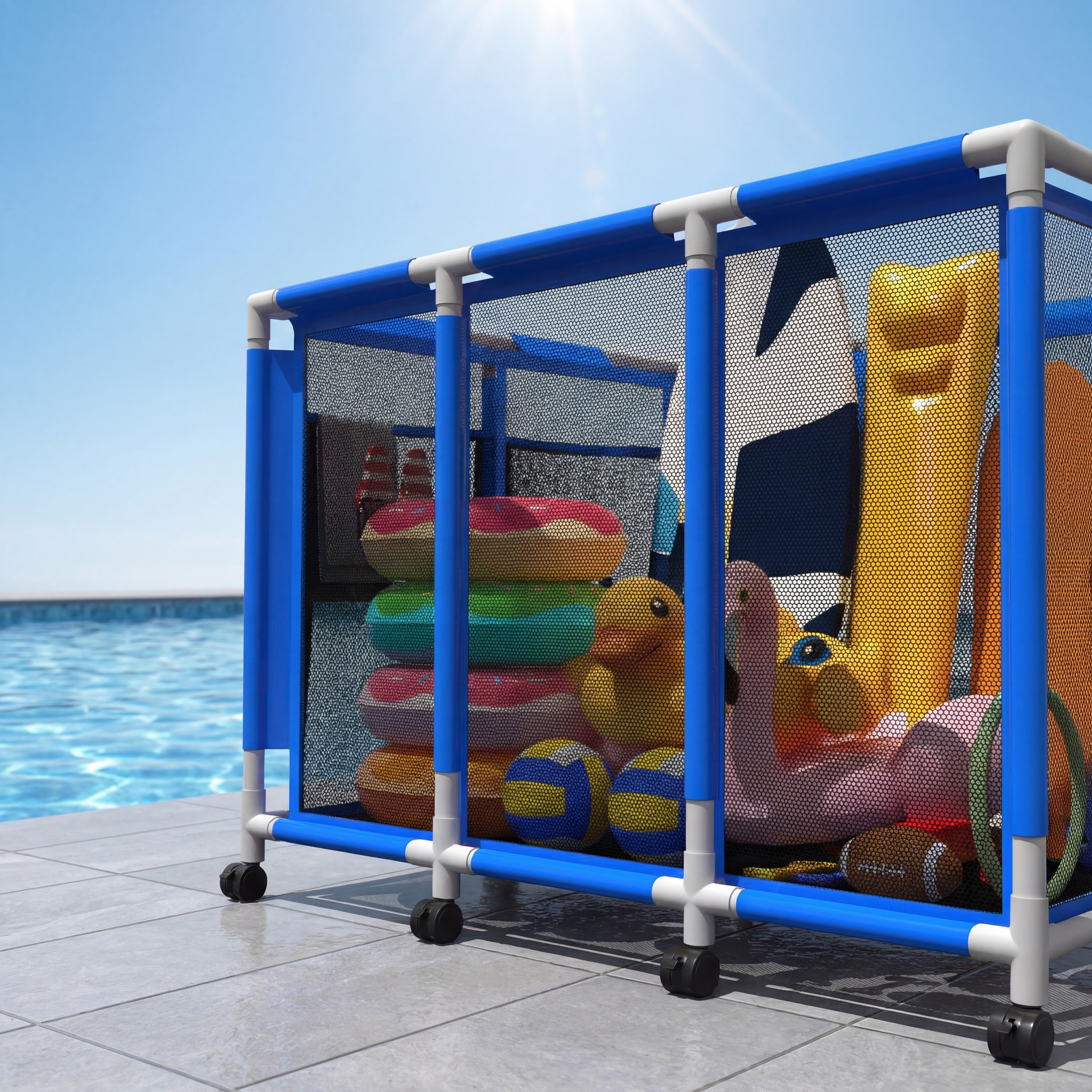 保持原有产品储物篮以及它的角度不变，添加背景：将产品放置在泳池… - 图片创意预览