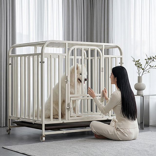 奶白色金属狗笼占据画面60%核心区域，保持物理结构绝对不变，放置在现代客厅落地窗角落，浅灰色短绒地毯，背景是浅灰色落地窗纱，高贵简约氛围，狗笼里面坐着一只成年萨摩耶，全新气质东亚美女坐在地毯上逗狗，美女留齐腰黑长直，穿搭浅米色针织套装，简约高贵，柔和落地窗自然光，低饱和高级灰色调，画面干净，凸显狗笼主体，三分法构图，平视拍摄，边几上放着陶瓷花瓶，光影柔和，商业级4K超清，通透自然。保持1:1画面比例，西方面孔,金发,深眼窝,雀斑,杂乱,死黑阴影,硬光,高对比度,变形,扭曲,悬空,比例失调