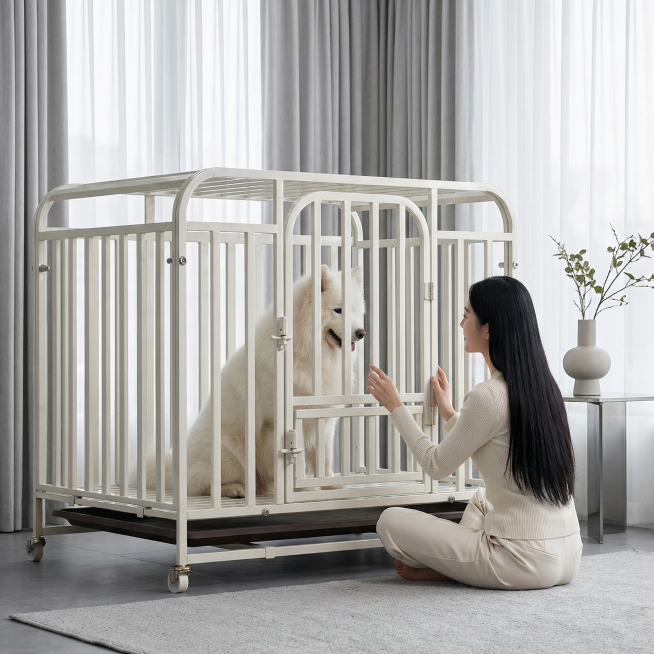 奶白色金属狗笼占据画面60%核心区域，保持物理结构绝对不变，放置在现代客厅落地窗角落，浅灰色短绒地毯，背景是浅灰色落地窗纱，高贵简约氛围，狗笼里面坐着一只成年萨摩耶，全新气质东亚美女坐在地毯上逗狗，美预览效果