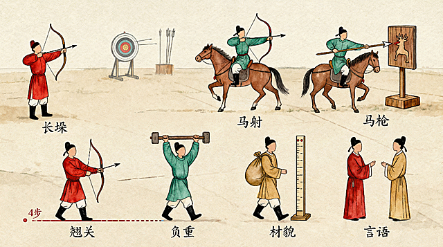 保留原图所有内容不变，仅修正马枪项目：将当前的鹿替换为比例正确、形态自然的战马，调整人物骑马姿势更自然，保持刺向木人靶的动作不变，整体风格、色彩、其他人物和布局均不变，浅米色背景，高清横向输出。