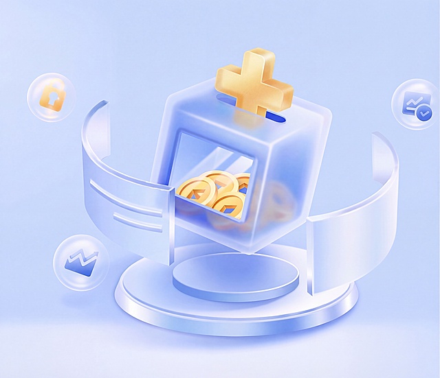 将存钱罐罐口正要投入的金币改为一个金色加号，保持3D磨砂玻璃质感，浅蓝色纯色背景，整体风格和其他元素不变