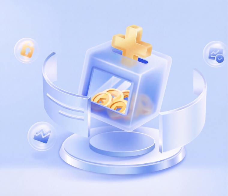 将存钱罐罐口正要投入的金币改为一个金色加号，保持3D磨砂玻璃质感，浅蓝色纯色背景，整体风格和其他元素不变预览效果