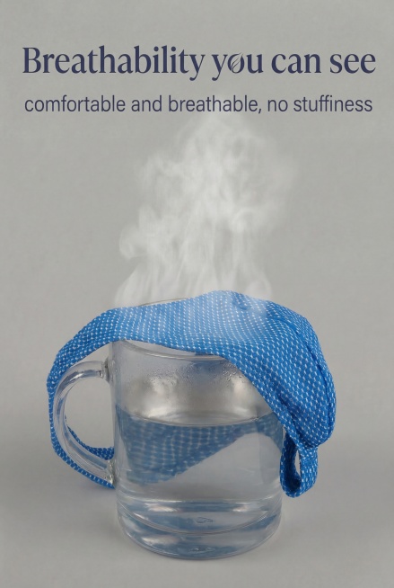 将图1玻璃杯中浅蓝色内裤替换为图2的蓝色网格丁字裤，保持原图中的热水杯摆放位置、烟雾效果、文字内容和浅灰色背景布局完全不变，仅替换内裤主体。
图2产品是蓝色带白色网格纹理的丁字裤，面料透气有弹性。
精预览效果