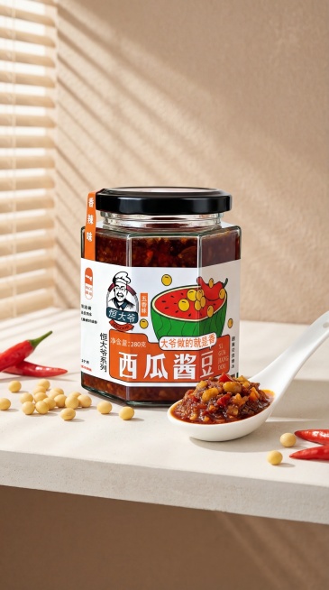 玻璃罐装恒大爷西瓜酱豆，净重280克，保持产品物理结构绝对不变，保持标签文字和Logo原样，严禁包装扭曲变形。
主体产品放置在干净的米白色水泥台面上，浅咖色哑光墙面作为背景，层次感清晰。
搭配干净的白预览效果