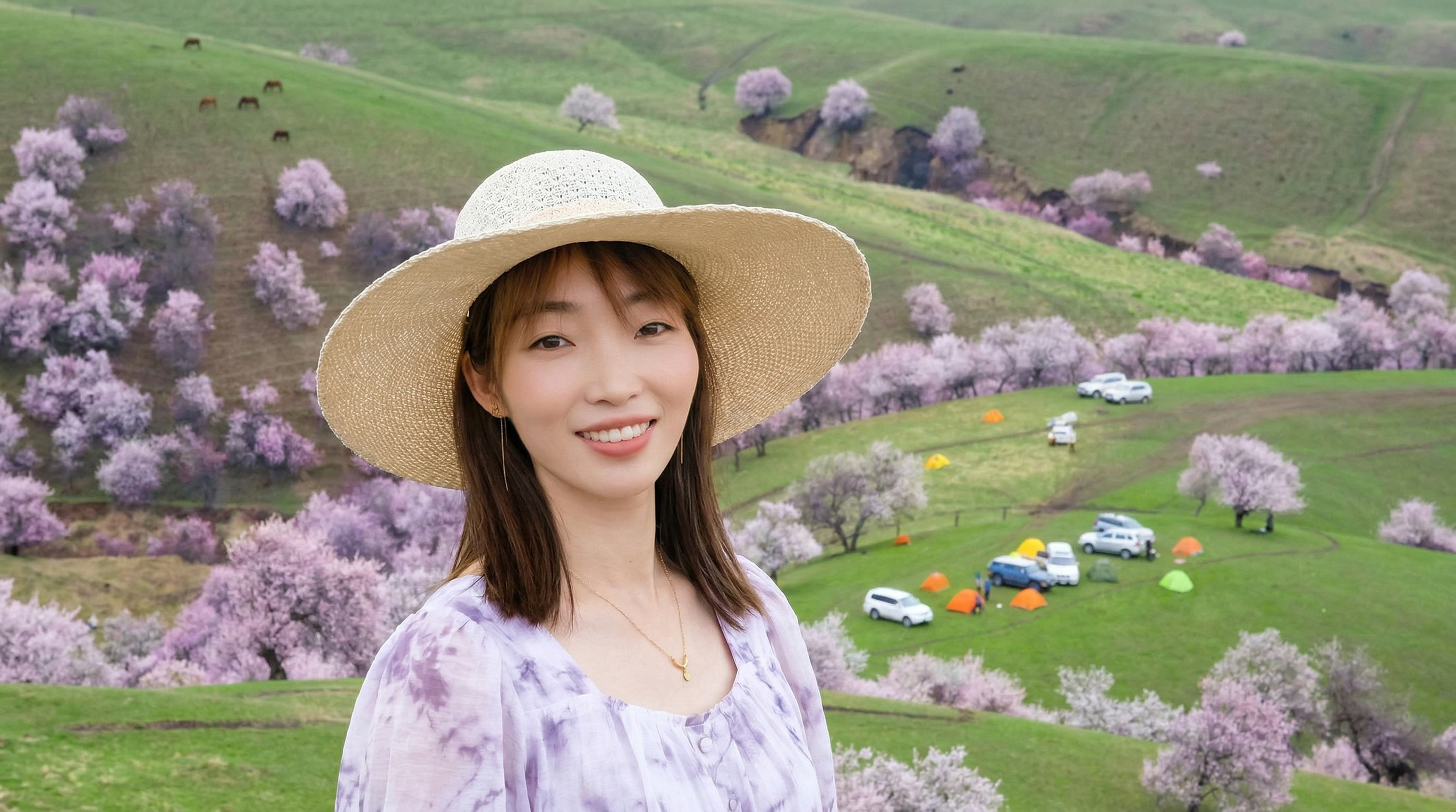 将第一张图的人物融入第二张图的春野花林场景中，给图片添加自然清… - 图片创意预览
