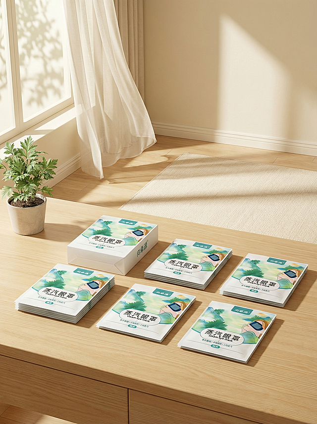 蒸汽眼罩和袋装蒸汽眼贴产品，保持产品包装上文字"向卓源"、"蒸汽眼罩"、"草木精髓 舒缓 三档蒸汽"等Logo和信息原样，保持物理结构绝对不变，严禁扭曲变形。
微俯视构图，主体占画面70%，平稳摆放在浅原木书桌上，有清晰接触阴影，严禁穿模悬浮。
空间为温馨奶油风卧室场景，奶白色墙面背景，搭配浅米色棉麻地毯，拉开景深，营造治愈放松氛围。
柔和暖调漫射窗光，全屋柔光，阴影极淡，画面明亮干净，符合国内电商种草风格。
窗边微风浮动纱帘，投射斑驳树影，点缀一小盆新鲜艾草绿植，注入自然生命力。
商业静物摄影，8K分辨率，干净通透，温馨治愈。保持原图3:4比例。
