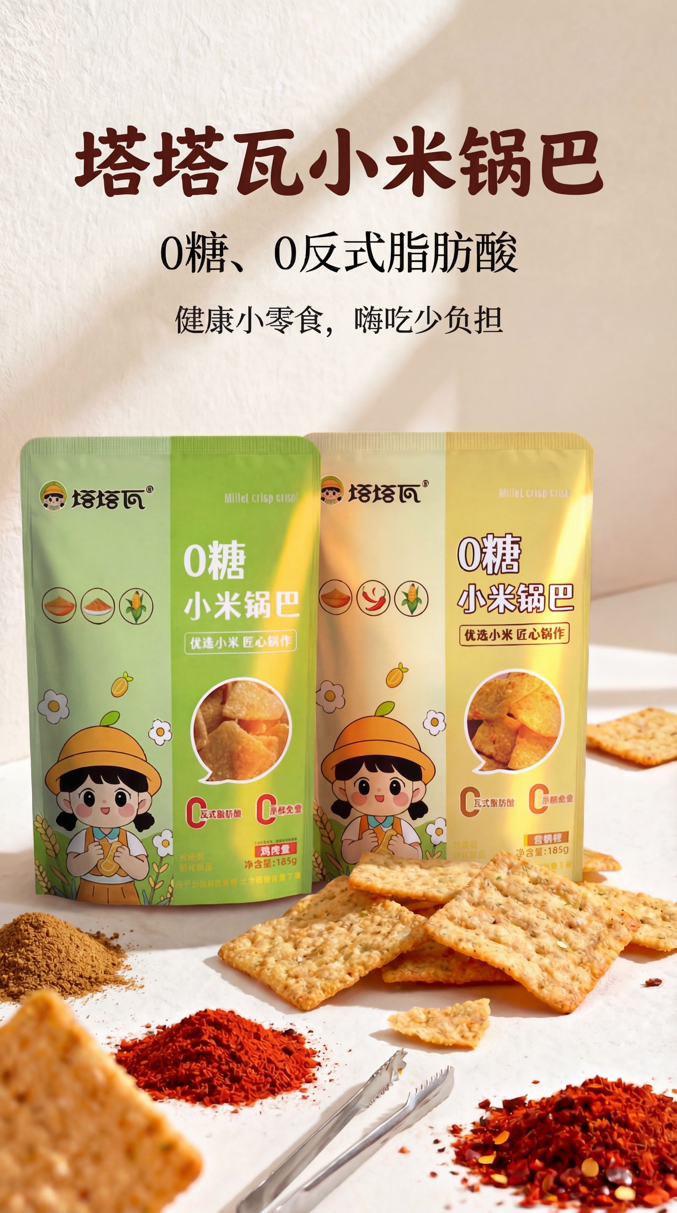 调整现有海报构图：将两个塔塔瓦小米锅巴包装设置为前后错层摆放，… - 图片创意预览
