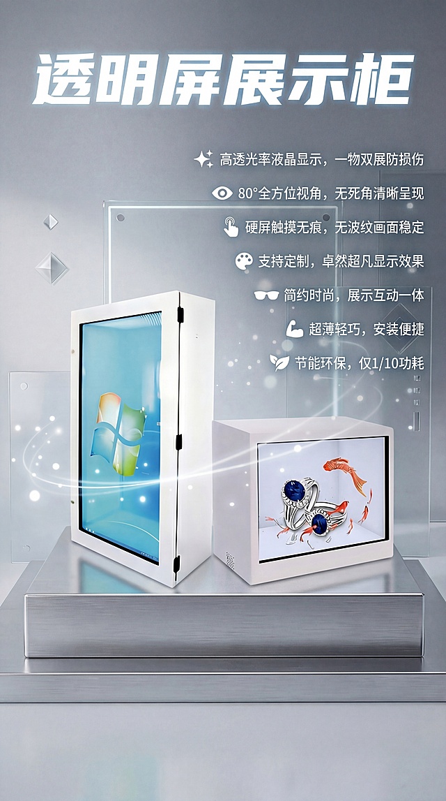 在当前1080*1920的透明屏展示柜图片基础上，添加宣传文案，顶部添加大标题 "透明屏展示柜"，右侧从上到下排版产品卖点：
✨ 高透光率液晶显示，一物双展防损伤
👁️ 80°全方位视角，无死角清晰呈现
🤙 硬屏触摸无痕，无波纹画面稳定
🎨 支持定制，卓然超凡显示效果
🕶️ 简约时尚，展示互动一体
💪 超薄轻巧，安装便捷
🍃 节能环保，仅1/10功耗
保留原产品和场景，文字排版清晰美观，保持科幻科技风格，不遮挡主体产品，保留9:16比例。
