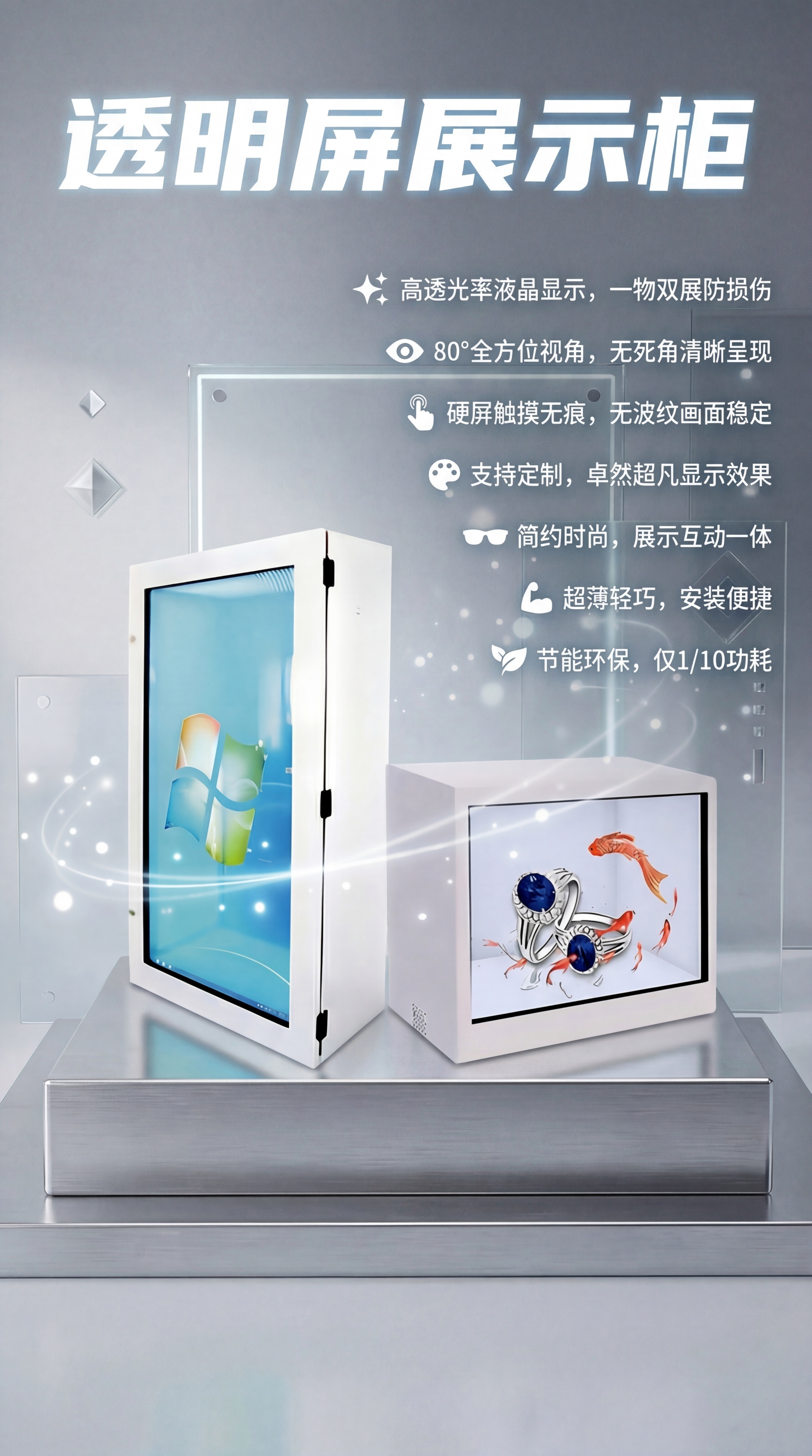 在当前1080*1920的透明屏展示柜图片基础上，添加宣传文案… - 图片创意预览