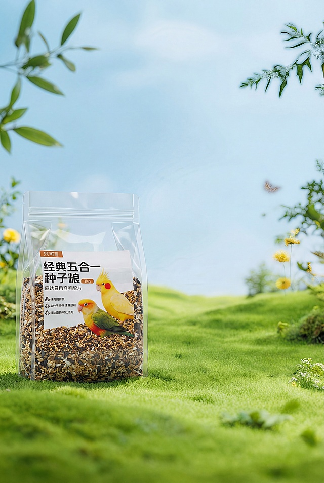 将图1鸟粮产品放进当前图片的绿色自然场景里，保证鸟粮产品物理细节和原场景内容绝对不变。
鸟粮产品是透明塑料袋包装的混合种子粮，包装袋上印有鹦鹉图案和文字信息。
精准匹配场景透视角度，实现空间尺度物理融合，确保鸟粮严丝合缝地嵌入画面中。
重置产品光影，增强光照一致性，赋予自然光影及真实接触阴影，匹配现有自然光环境。
产品色温、亮度及饱和度与环境完全协调，保持产品透明包装材质感。
消除视觉接缝、抠图白边和生硬轮廓，画面自然真实，保持原背景色调，强化商业摄影质感。
保持原图比例。4K分辨率。
负向词：抠图白边,阴影方向错误,光影不匹配,透视错误,空间比例失调,巨物感,微缩模型感,悬空,违背物理常识,贴纸感,视觉接缝,边缘生硬,变形,扭曲,画面被裁剪,比例改变,背景被篡改