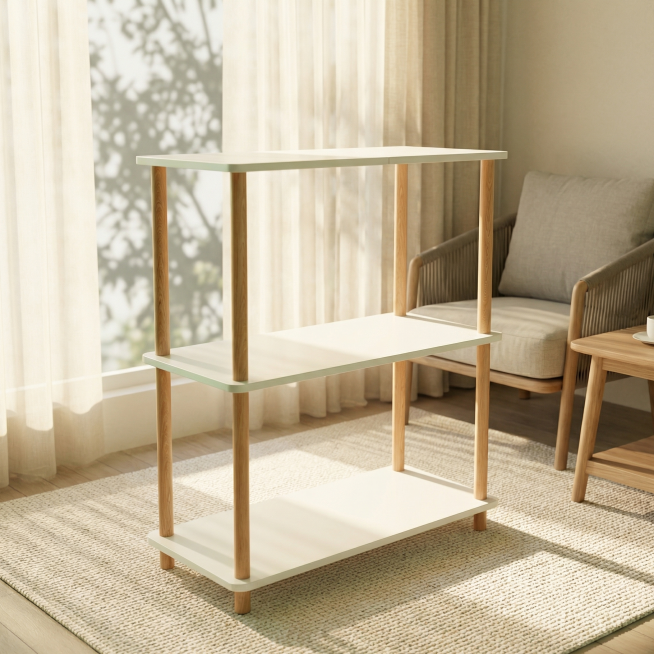 三层置物架，白色搁板，原木色实木圆柱支腿。保持物理结构绝对不变，严禁扭曲拉伸改变产品形态。
北欧风阳台休闲区场景，暖调自然光，奶油浅色系，清新治愈氛围。
通透柔和自然光，透过纱帘漫射，【产品受光面泛起预览效果