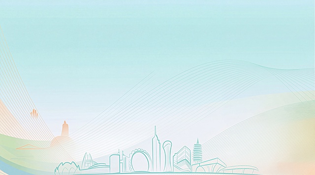 将这张图片转成清晰的矢量风格，保持城市建筑线稿和浅青渐变背景不变，转为可无限缩放的矢量图形效果，线条干净平滑，色彩简洁