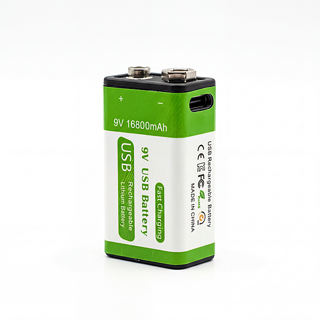 Keep the 9V battery entity unchanged from the original image, do not modify the battery itself. Place the single LikeKala 9V 16800mAh USB rechargeable lithium battery centered on pure white background, no text on the image, increase contrast by 20%, increase sharpness by 30%, soft studio lighting, sharp details, all label text clearly readable, minimalist style, professional e-commerce product photography, commercial quality, AliExpress main image specification, square 1:1