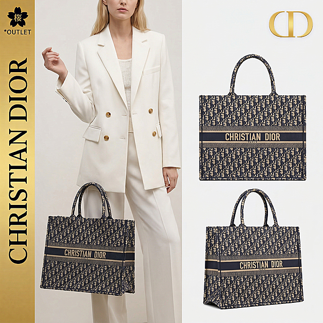 完全复刻参考图一版式，左侧金色竖条写黑色竖排文字"CHRISTIAN DIOR"，左上角有樱花"樱"字和"*OUTLET"文字，右上角有金色CD标志，将image4中的大号托特包包放到版式中，左侧保留穿白色西装的模特手提包包，右侧分两个位置展示包包不同角度产品图，浅灰色背景，日本电商主图风格，质感高级，光影干净