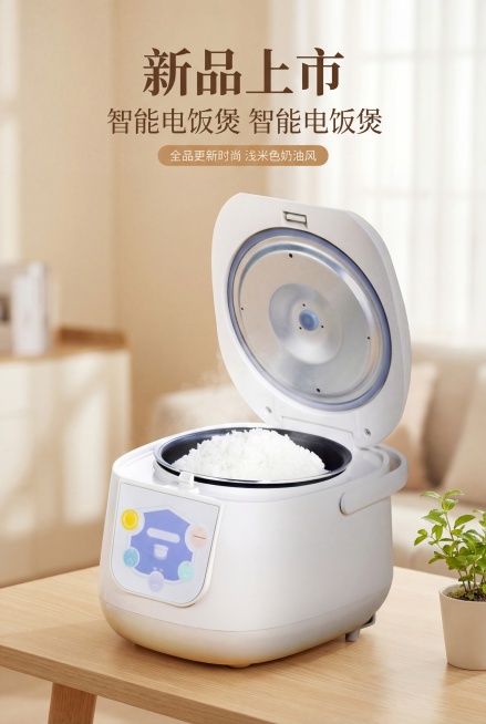 米白拼浅卡其色智能电饭煲，开盖盛有白米饭，保持物理结构绝对不变，面板按键和产品形态严禁扭曲变形。
居中构图，主体占画面65%，平稳放置，拒绝比例失调。
放置在浅原木色桌面，浅米色奶油风客厅背景，拉开景预览效果