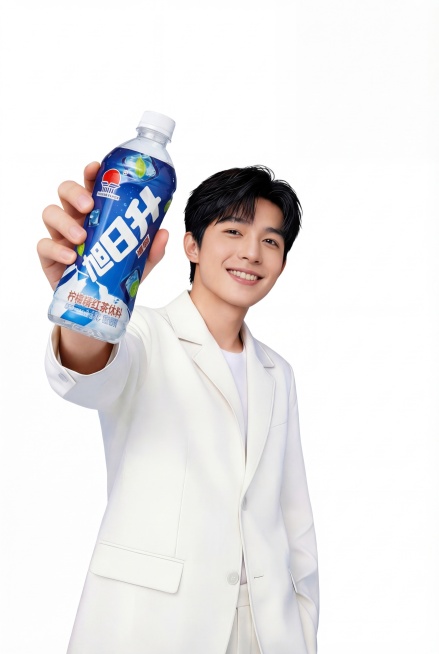 将图2人物的动作调整为另一只手（左手）拿产品，把手里原来的罐装产品替换为图1的旭日升冰茶大瓶装产品，保持人物整体造型、白色西装和纯白色背景不变，只更换持手和产品。精准匹配原场景透视角度，实现空间尺度物预览效果