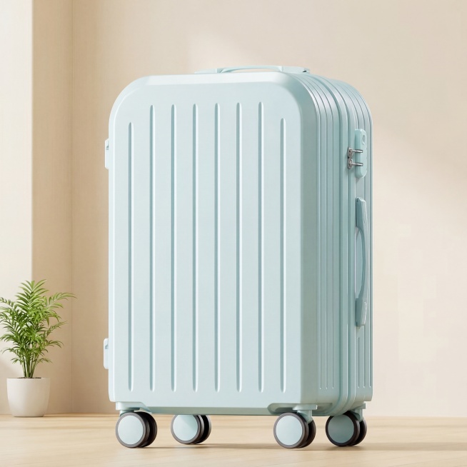 浅蓝色竖条纹拉杆行李箱，保持产品角度和大小完全不变，仅替换背景为温馨治愈的室内小清新风格，浅色奶油木地板搭配浅米色墙面，房间干净简约，全屋漫射柔光，低对比度，阴影淡柔和，画面明亮干净，莫兰迪奶油色系，预览效果
