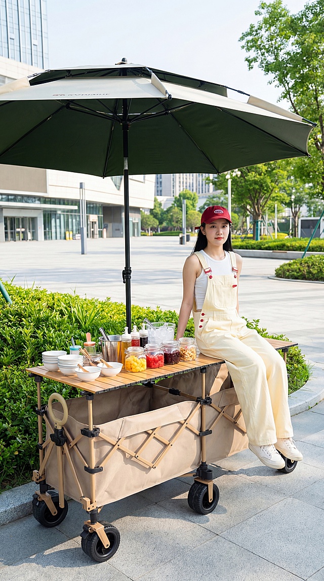 加长款卡其色折叠露营推车，带有原木色桌面和大遮阳伞，尺寸为2米长，宽半米，高1米，保留产品原有外观结构不变。推车放置在现代城市户外广场绿化带旁，空间开阔明亮。车内整齐摆放冰粉制作材料与摆摊工具，一位18-20岁亚洲年轻女生自然坐在推车桌面上，双脚悬空，展示推车承重与尺寸。女生黑色长发，白色修身背心搭配奶黄色阔腿背带裤，红色背带扣，配饰红色棒球帽，风格清新自然。光线明亮通透，色彩清新活泼，户外自然光，8K高清画质，画面无文字，9:16比例。