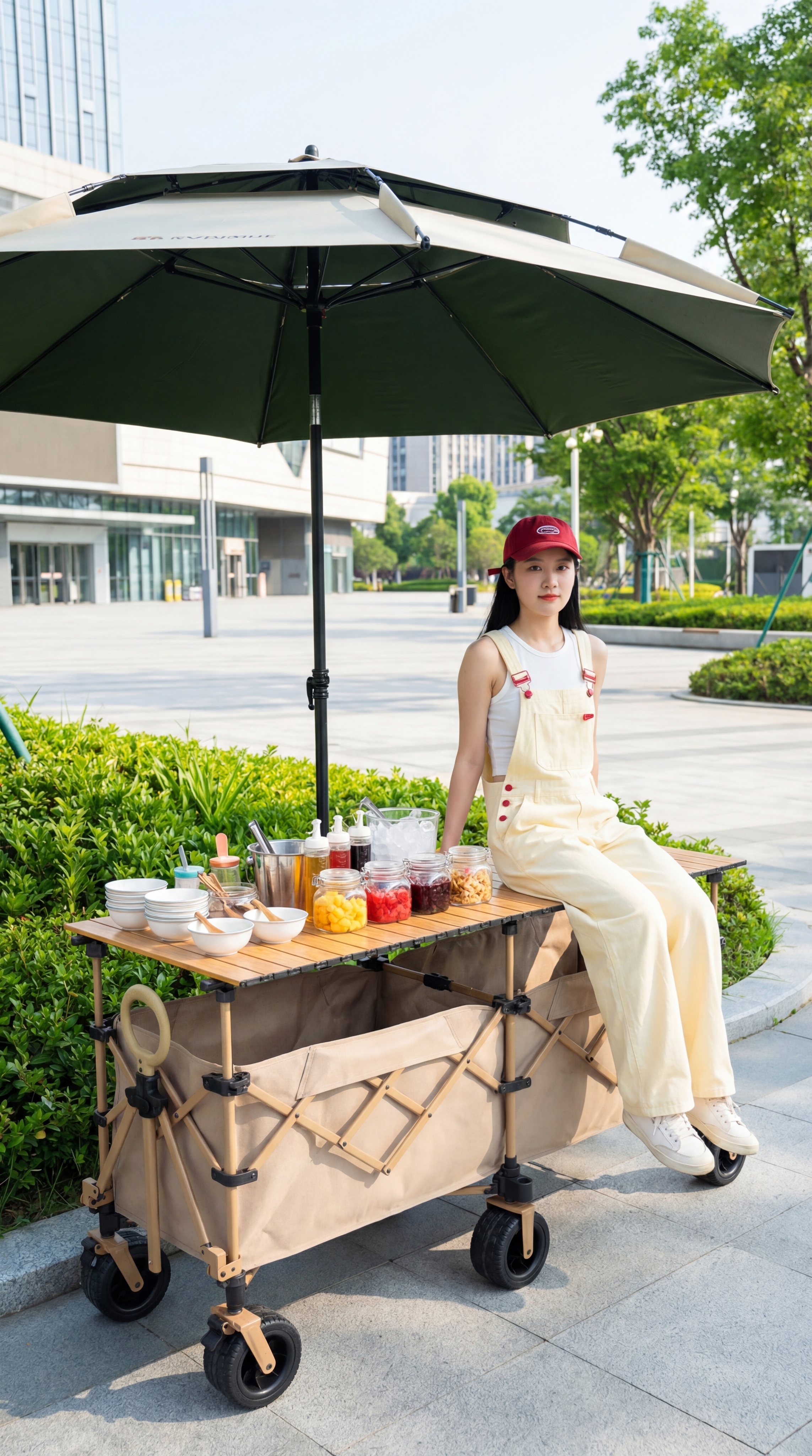 加长款卡其色折叠露营推车，带有原木色桌面和大遮阳伞，尺寸为2米… - 图片创意预览