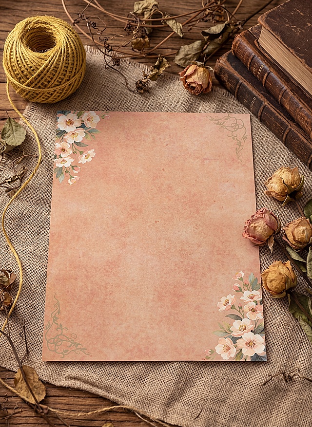 超写实静物摄影，俯拍45°视角，将参考图中的复古花朵信纸精确复制，平铺在亚麻纱布上；画面右侧点缀干枯玫瑰花和复古书本，左上角放置一团天然黄麻绳球，背景散落干枯藤条与植物枝叶；整体呈现自然森系、ins风美学，细腻光影层次，突出纸张的纹理、纱布的粗糙肌理、木头的年轮纹理与花朵的质感；高细节、8K分辨率、专业商业静物摄影质感，景深适中，主体清晰锐利，背景柔和虚化，无任何文字、无水印、无多余元素，色彩温暖治愈，色调柔和高级，氛围感拉满