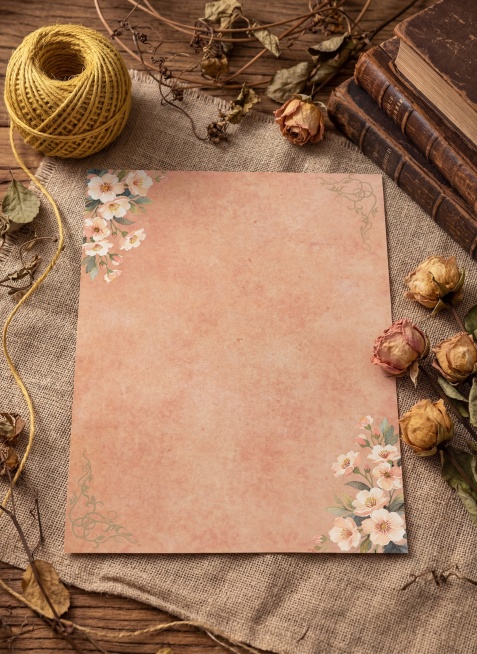 超写实静物摄影，俯拍45°视角，将参考图中的复古花朵信纸精确复制，平铺在亚麻纱布上；画面右侧点缀干枯玫瑰花和复古书本，左上角放置一团天然黄麻绳球，背景散落干枯藤条与植物枝叶；整体呈现自然森系、ins风预览效果