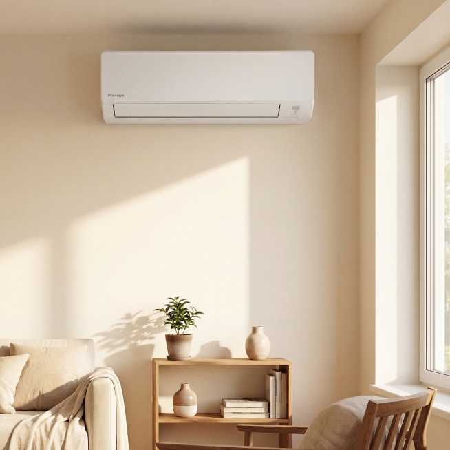 大金白色壁挂式空调，保持产品物理结构和Logo绝对不变，安装在奶油风客厅的象牙白墙面上，空调下方搭配少量原木家居装饰，暖调自然光从侧面射入，柔和阴影，整体温馨干净，突出空调纤薄设计和家居融合感，保持1预览效果